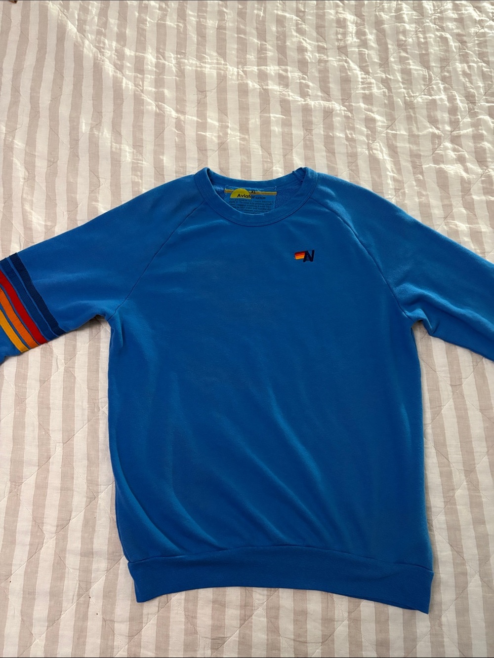 Aviator Nation Bright Blue Crewneck with Rainbow Sleeve Stripes